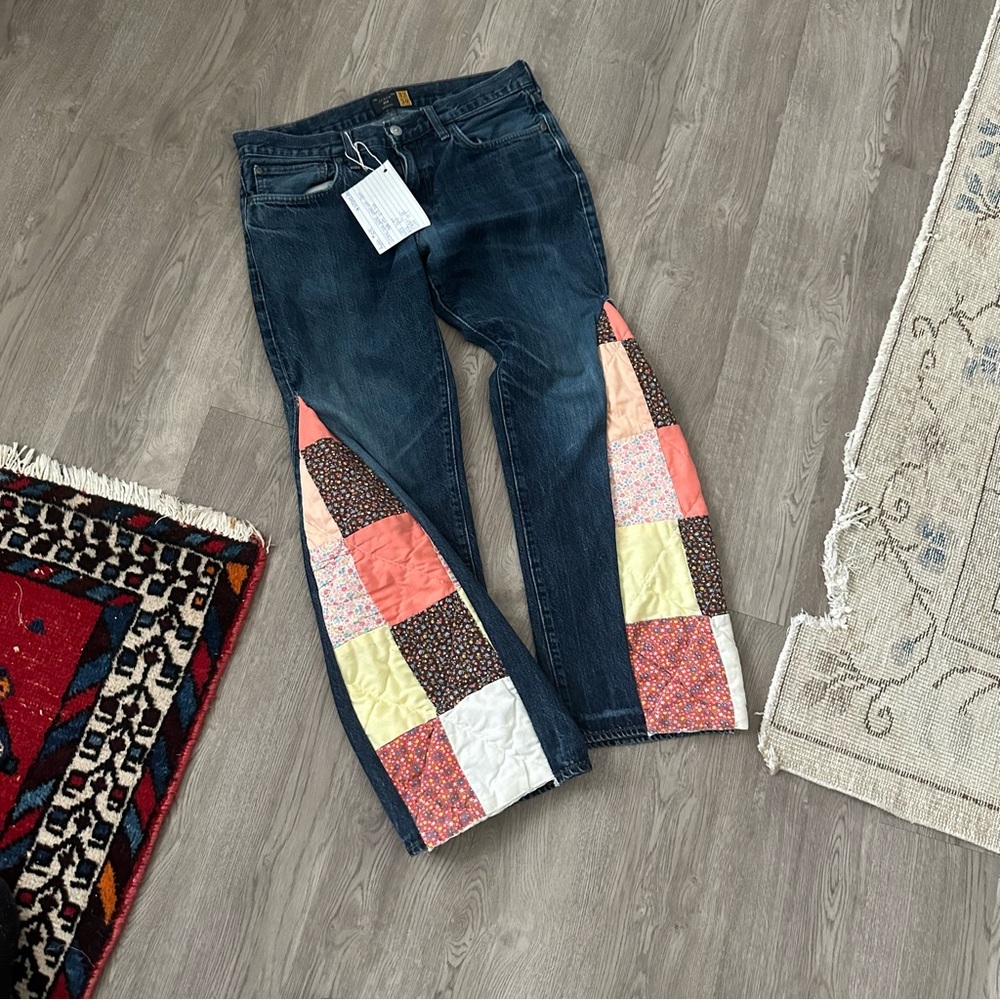 Upcycled J Crew Barrel Flare Patchwork Jeans 32x30 - image 1
